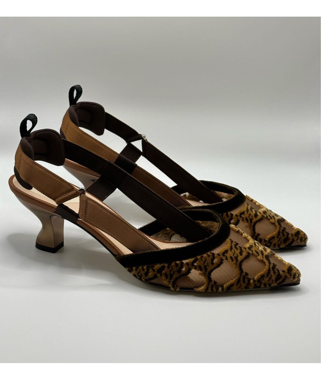 FENDI Коричневые текстильные лодочки на низком каблуке, фото 5