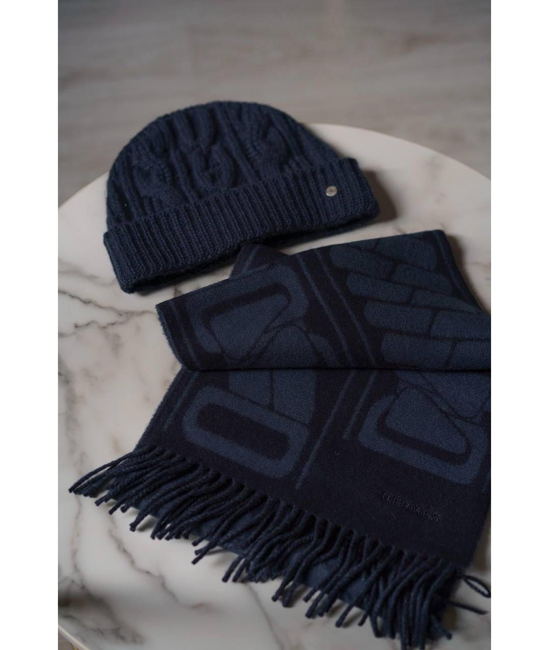HERMES Темно-синий кашемировый шарф, фото 5