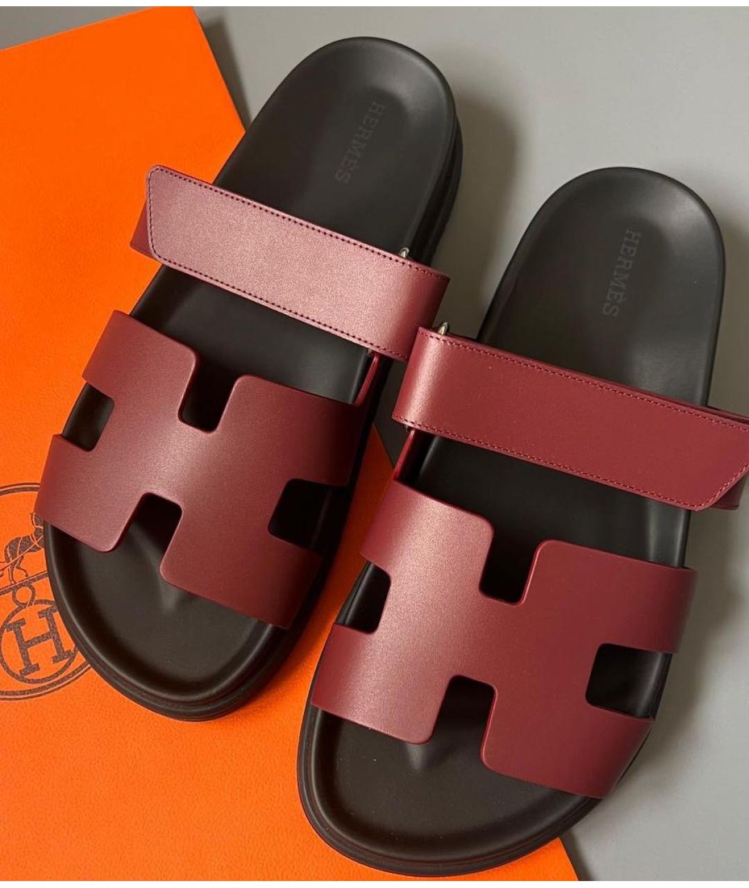 HERMES Бордовые кожаные сандалии, фото 2