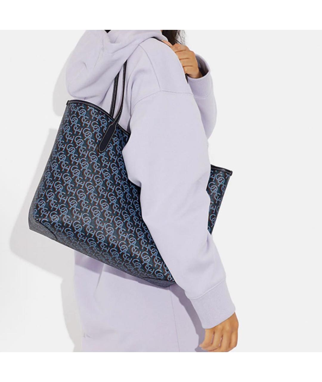 COACH Темно-синяя кожаная сумка тоут, фото 4