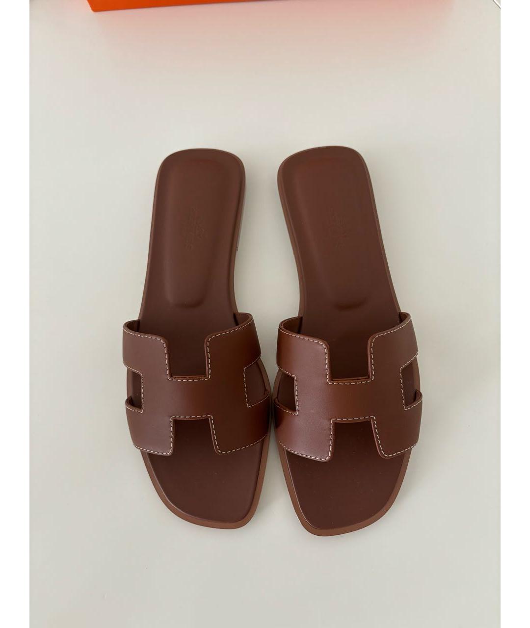 HERMES Коричневые кожаные шлепанцы, фото 2