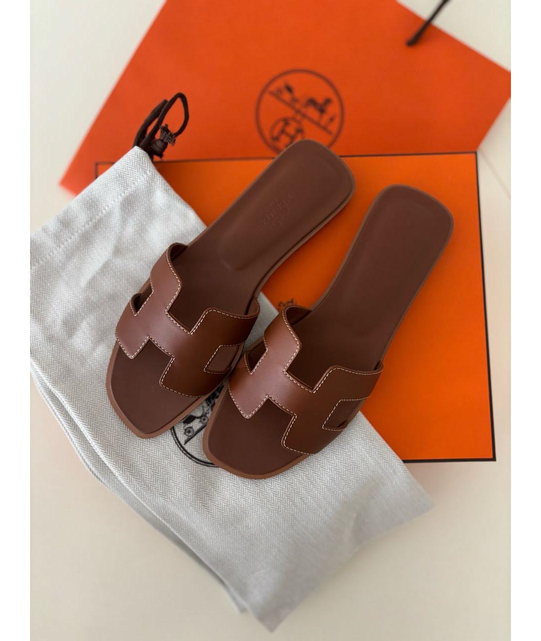 HERMES Коричневые кожаные шлепанцы, фото 7