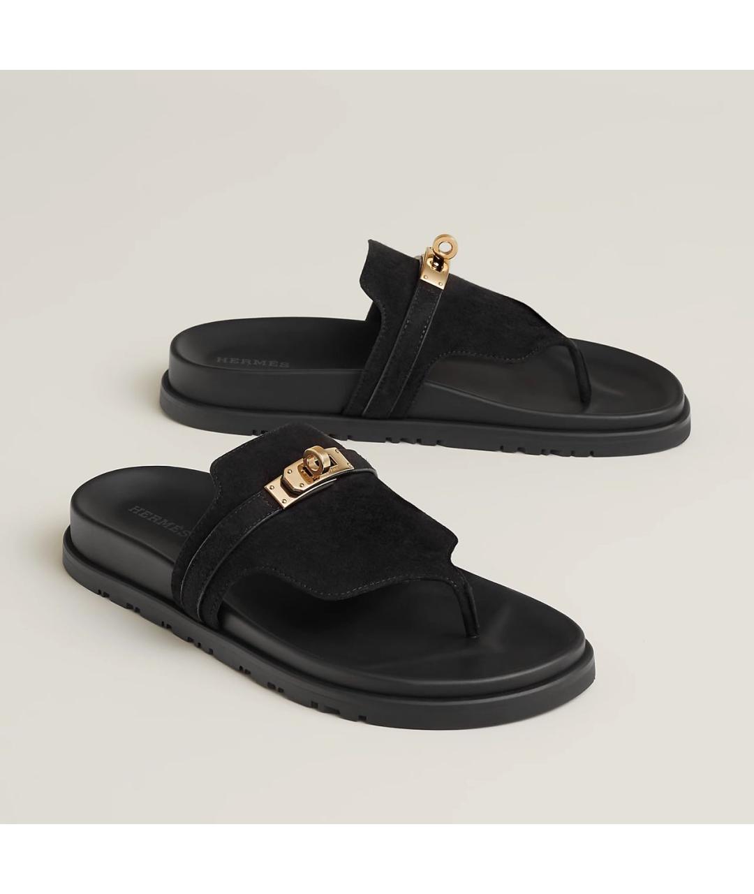 HERMES Черные замшевые шлепанцы, фото 9