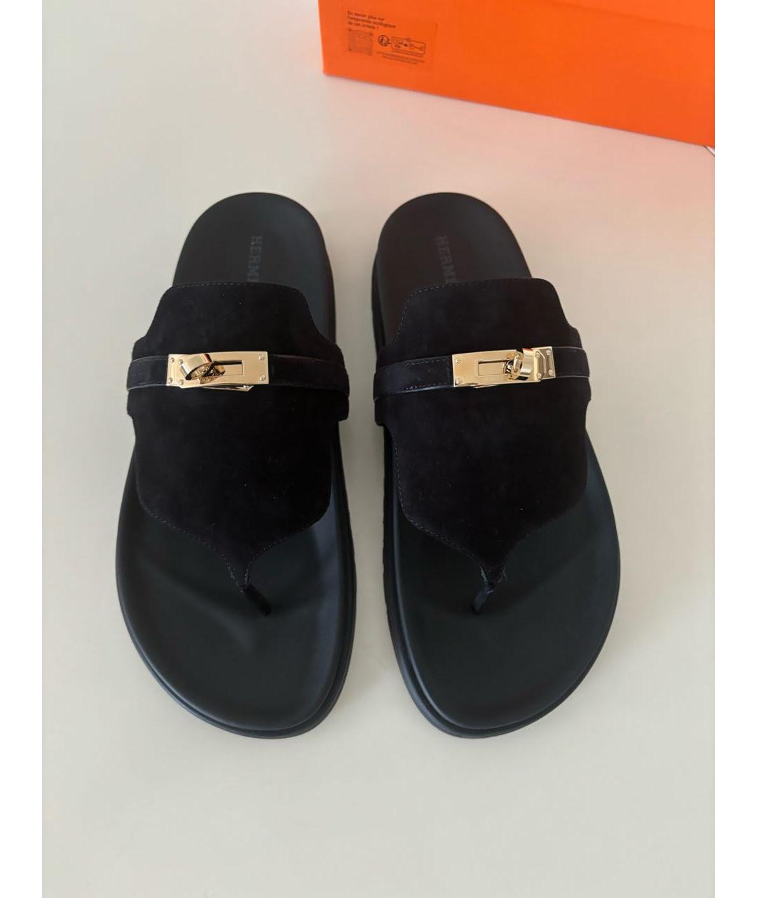 HERMES Черные замшевые шлепанцы, фото 2