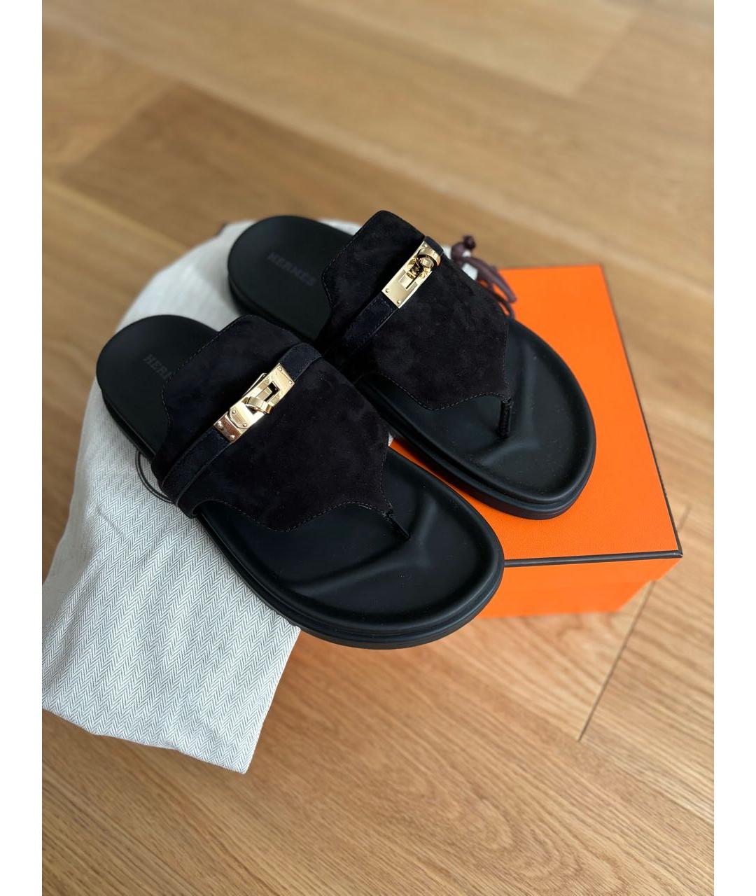 HERMES Черные замшевые шлепанцы, фото 8