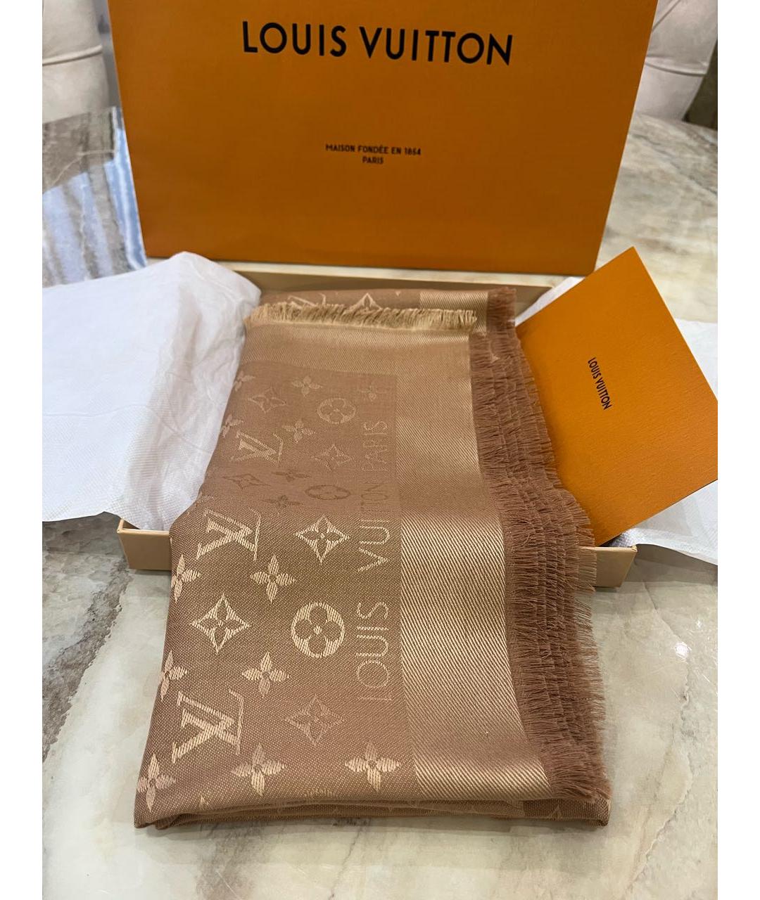 LOUIS VUITTON Бежевый шелковый платок, фото 3