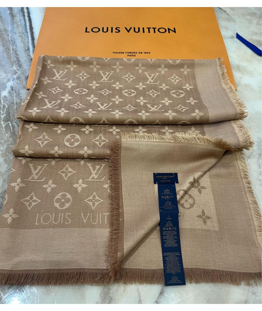 LOUIS VUITTON Бежевый шелковый платок, фото 4