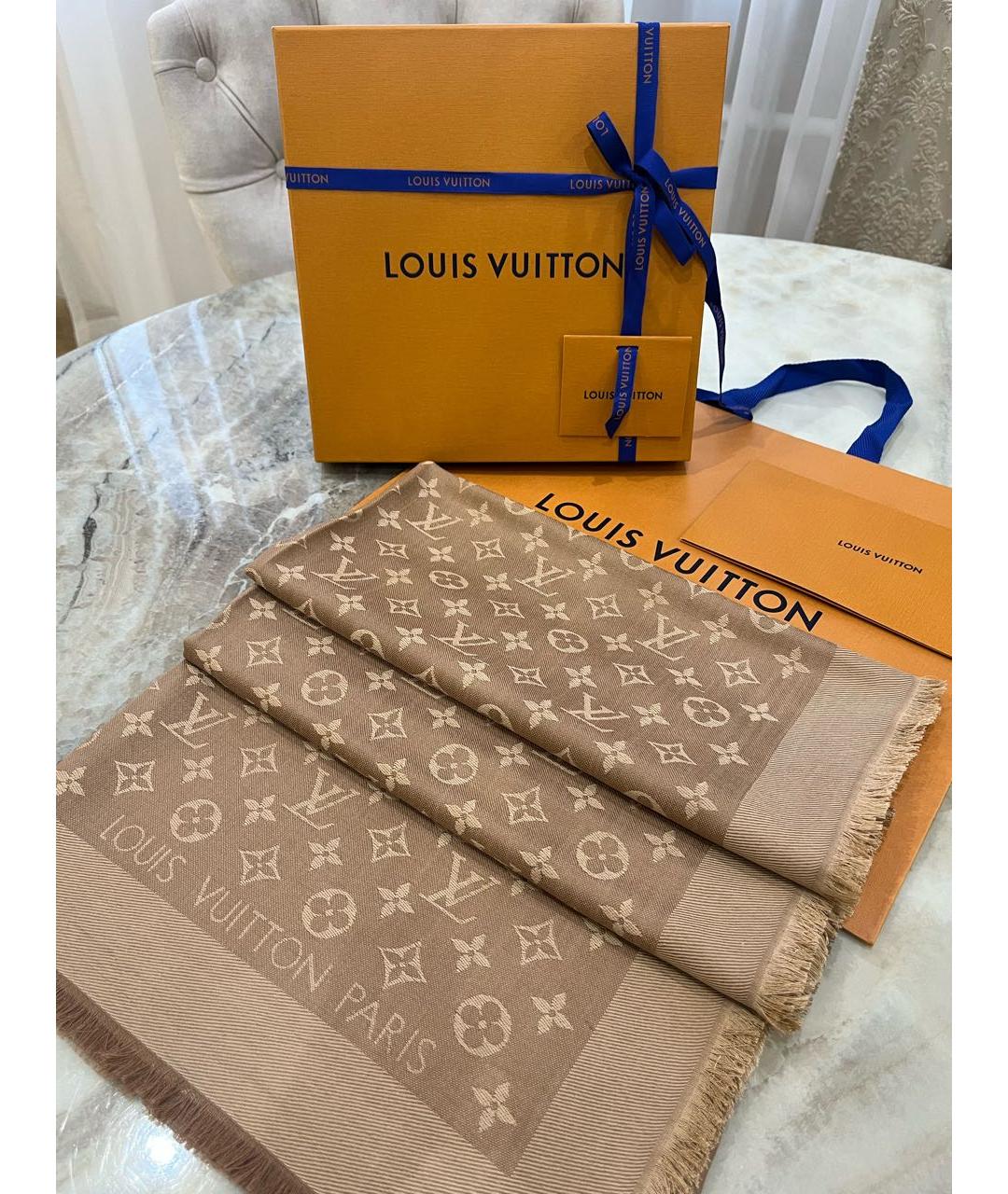LOUIS VUITTON Бежевый шелковый платок, фото 5