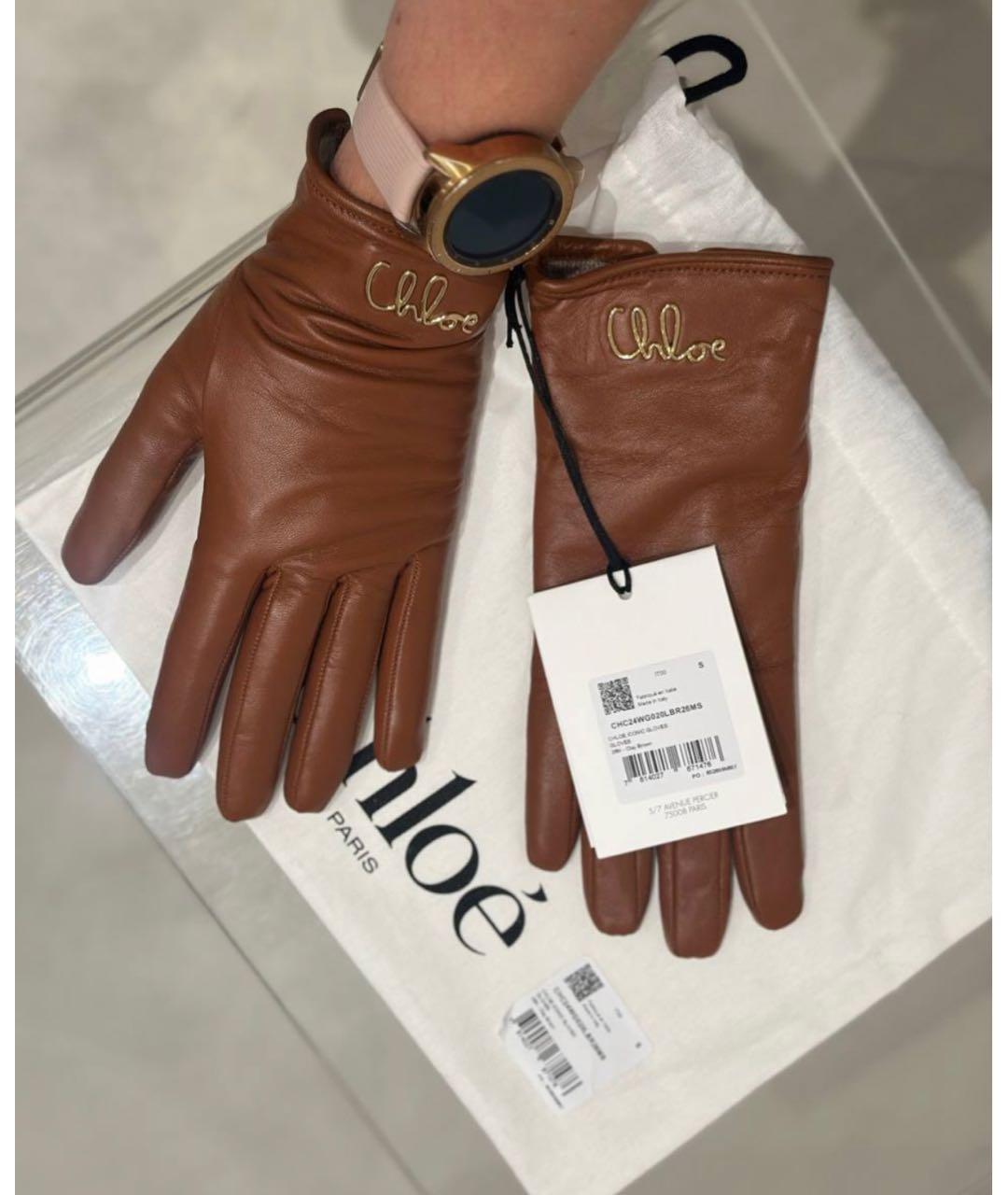 CHLOE Коричневые кожаные перчатки, фото 3