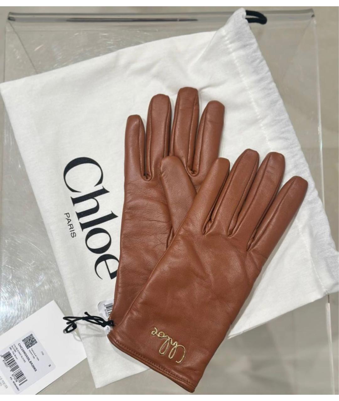 CHLOE Коричневые кожаные перчатки, фото 5