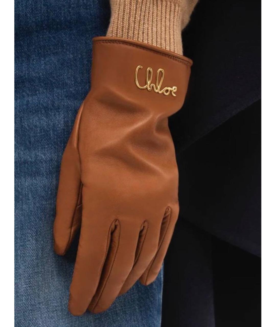 CHLOE Коричневые кожаные перчатки, фото 4