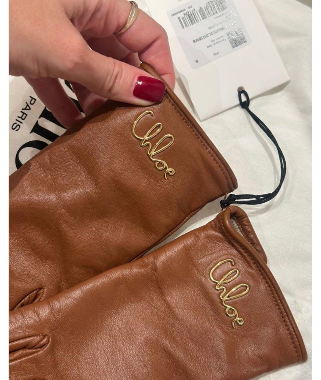 CHLOE Коричневые кожаные перчатки, фото 2