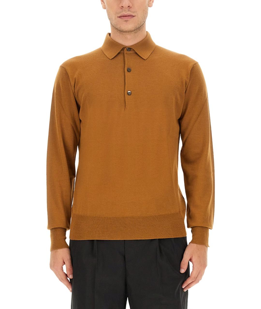 PT TORINO Горчичное хлопко-шерстяное поло с длинным рукавом, фото 5
