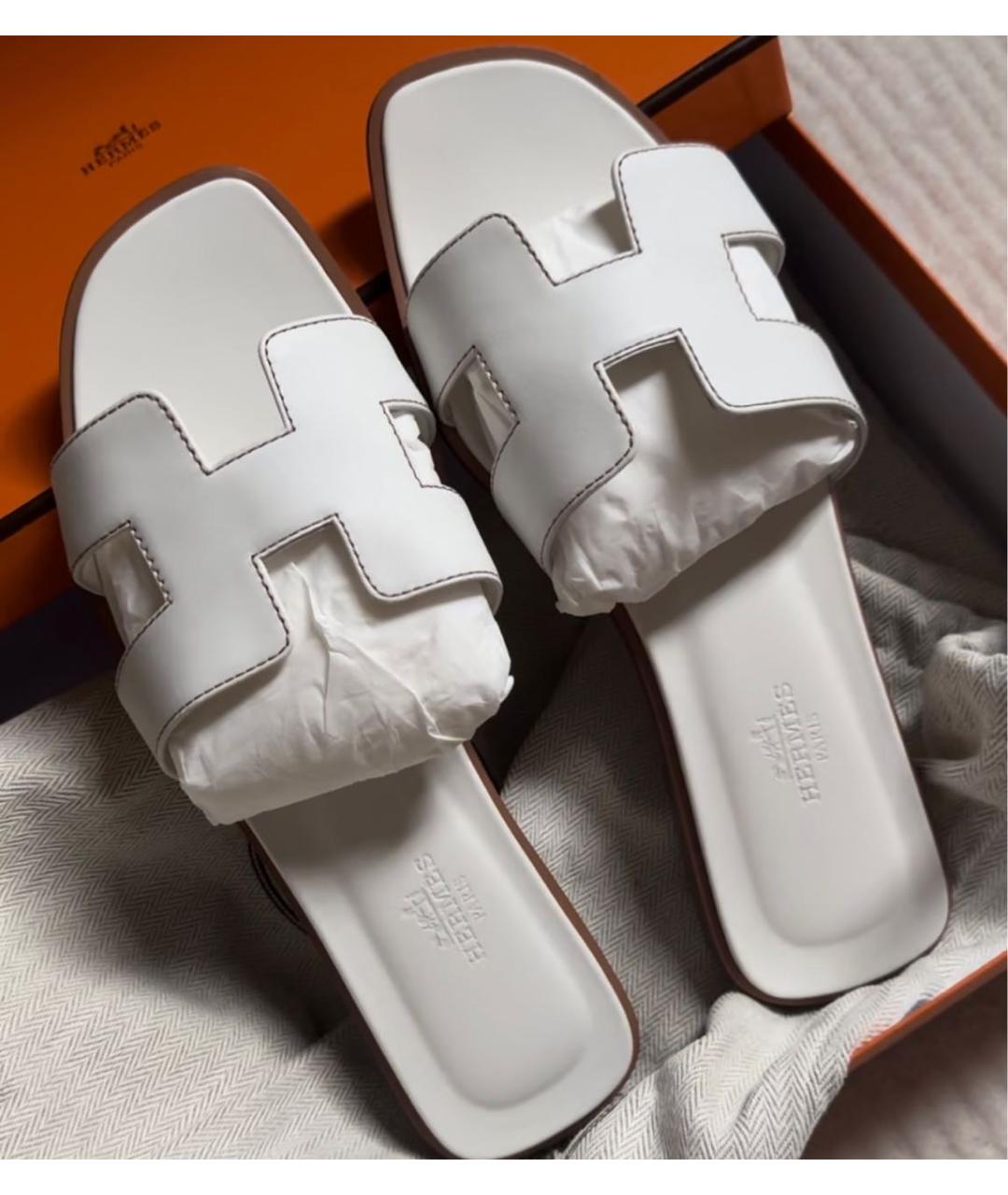 HERMES Белые кожаные шлепанцы, фото 5