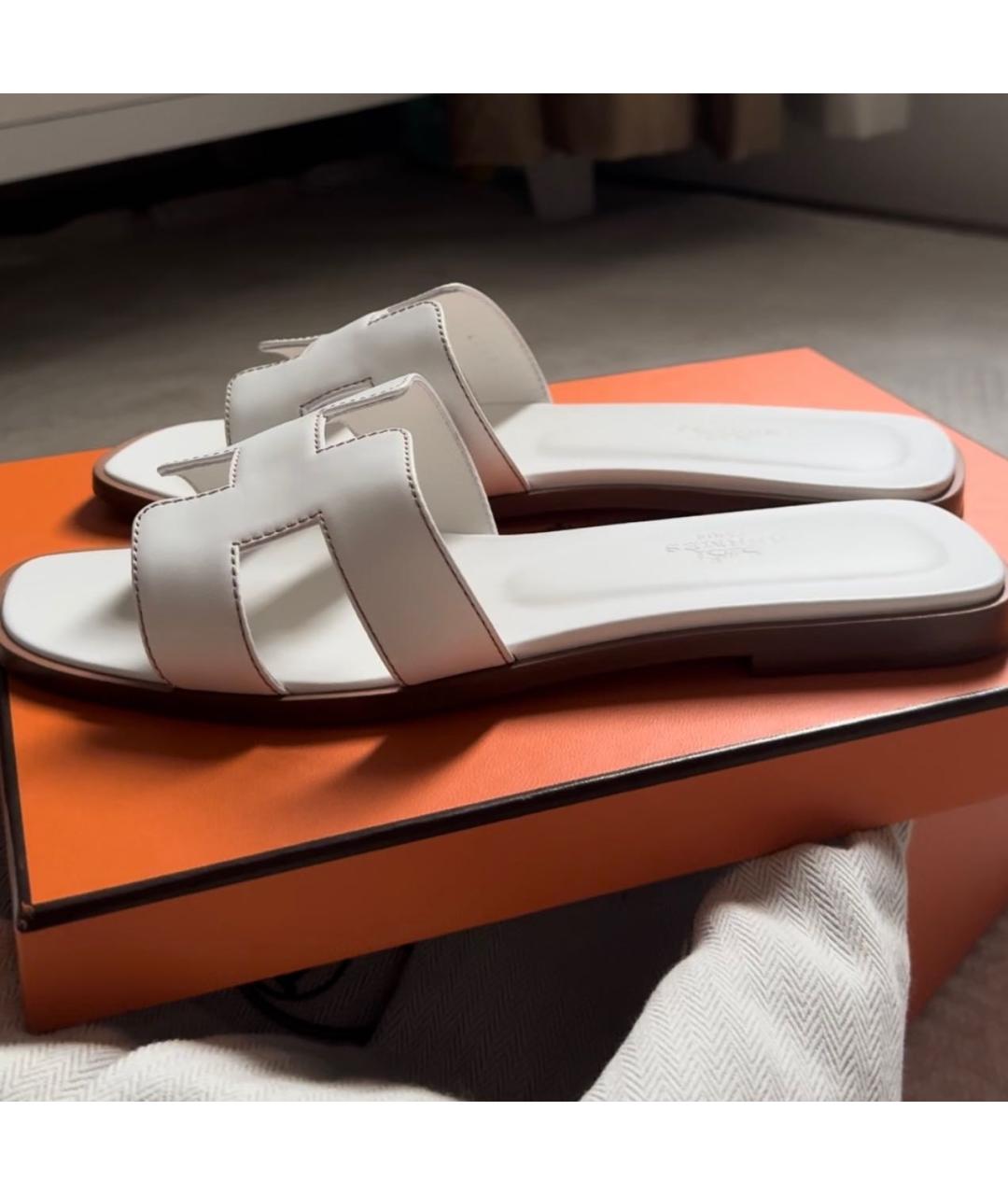 HERMES Белые кожаные шлепанцы, фото 6