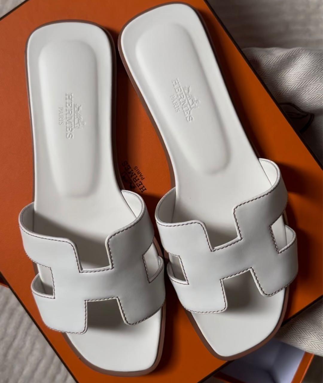 HERMES Белые кожаные шлепанцы, фото 2
