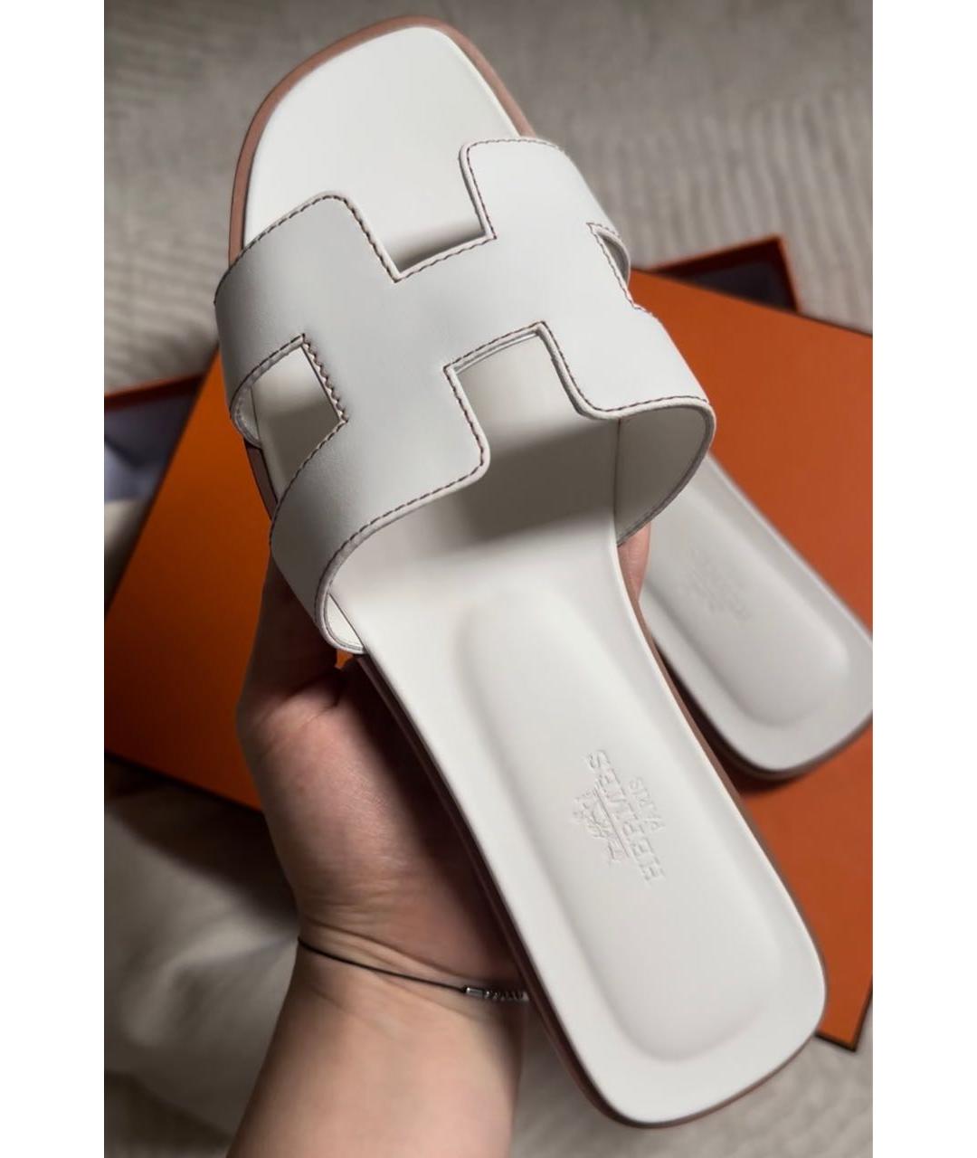 HERMES Белые кожаные шлепанцы, фото 4