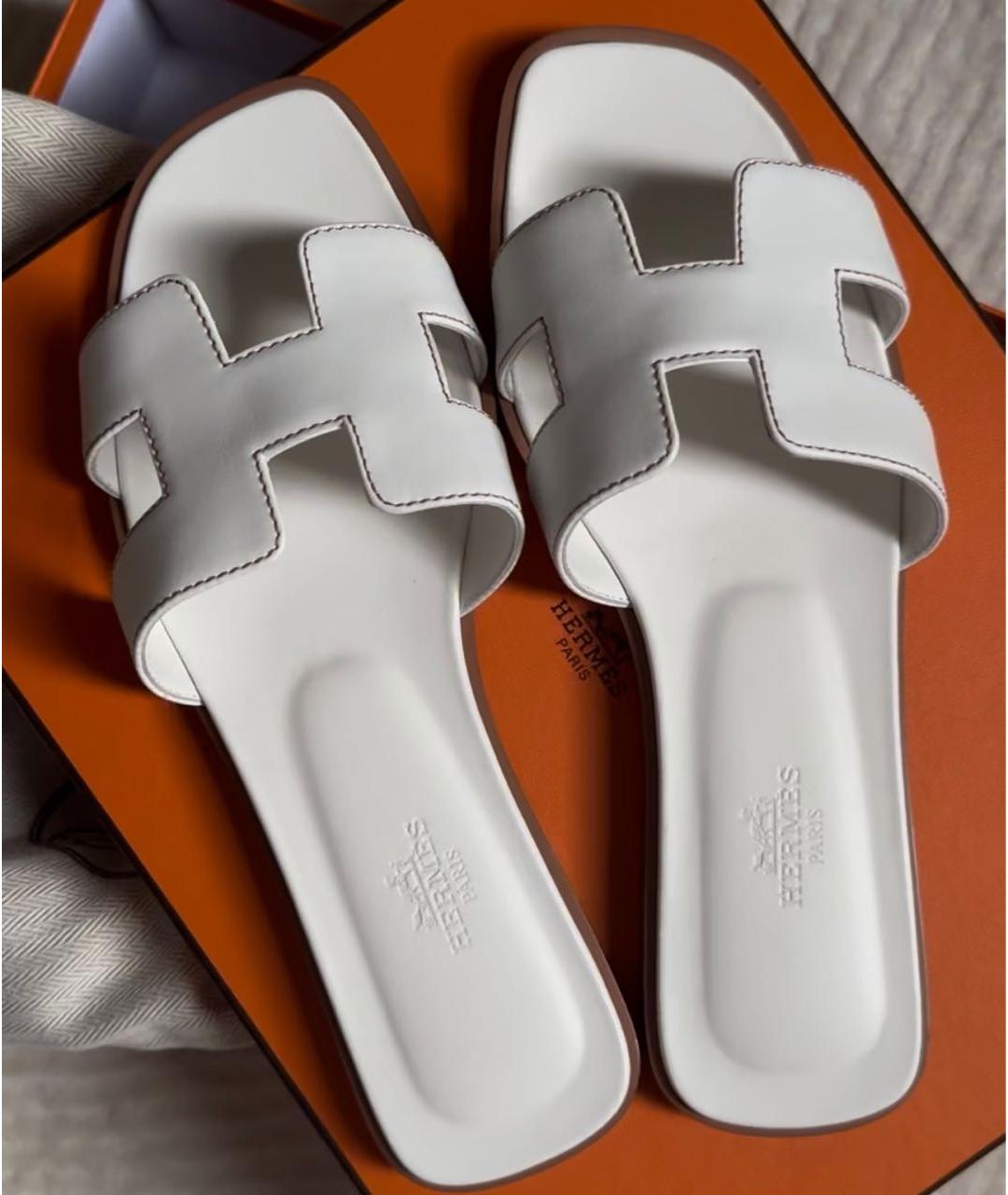 HERMES Белые кожаные шлепанцы, фото 3