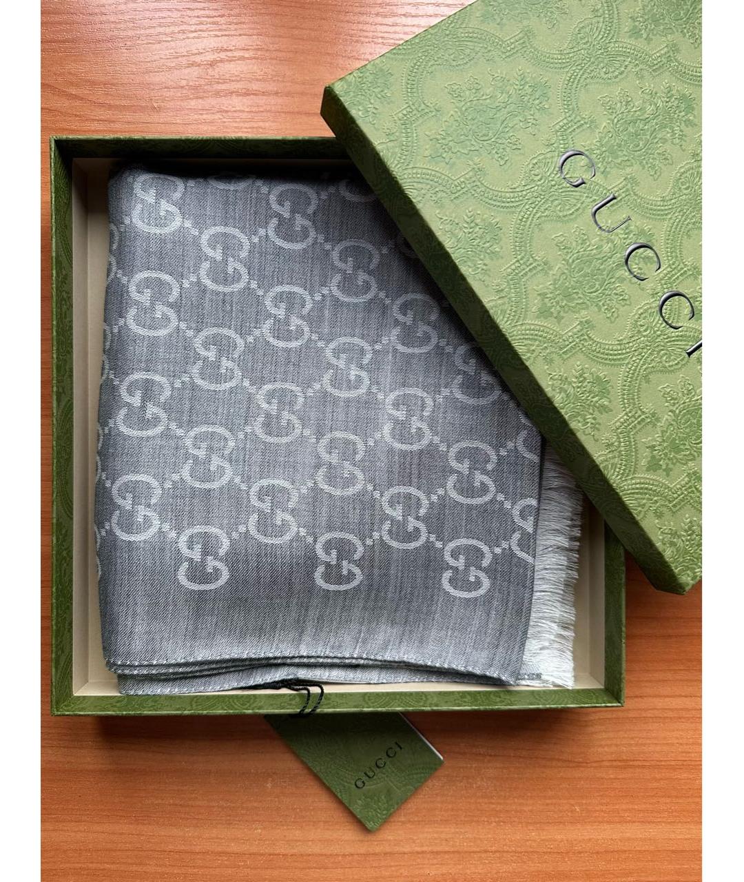 GUCCI Серый шелковый шарф, фото 6