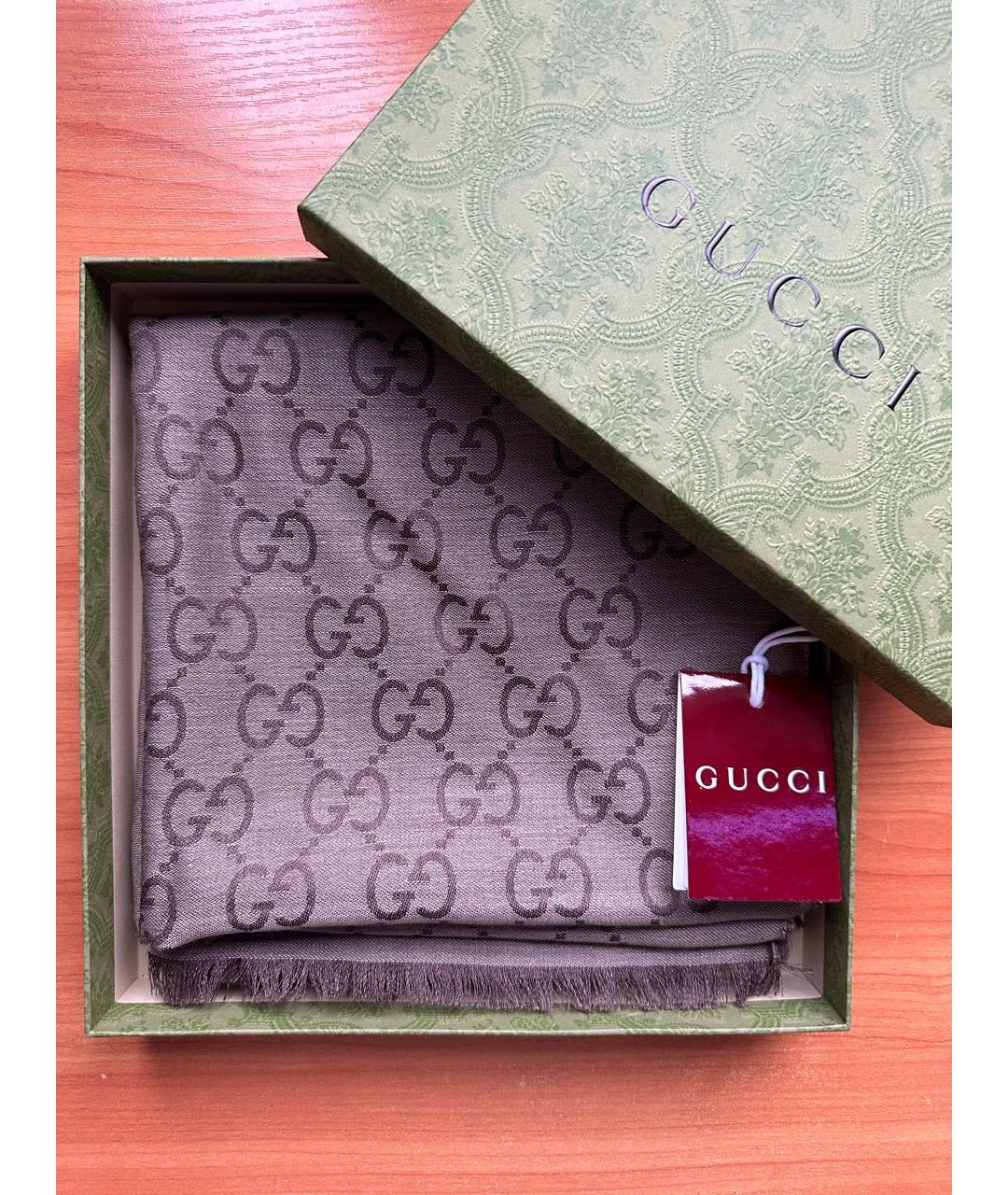 GUCCI Коричневый шелковый шарф, фото 3