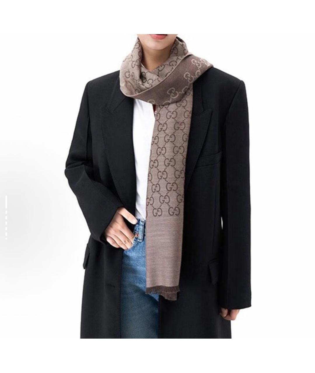 GUCCI Коричневый шерстяной шарф, фото 3