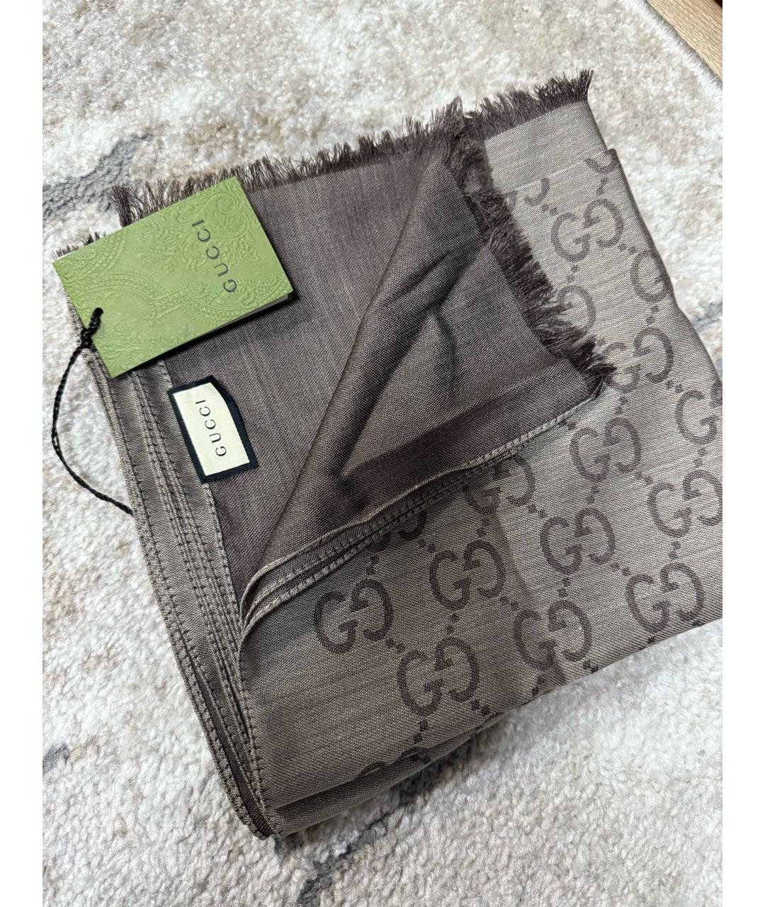 GUCCI Коричневый шерстяной шарф, фото 4