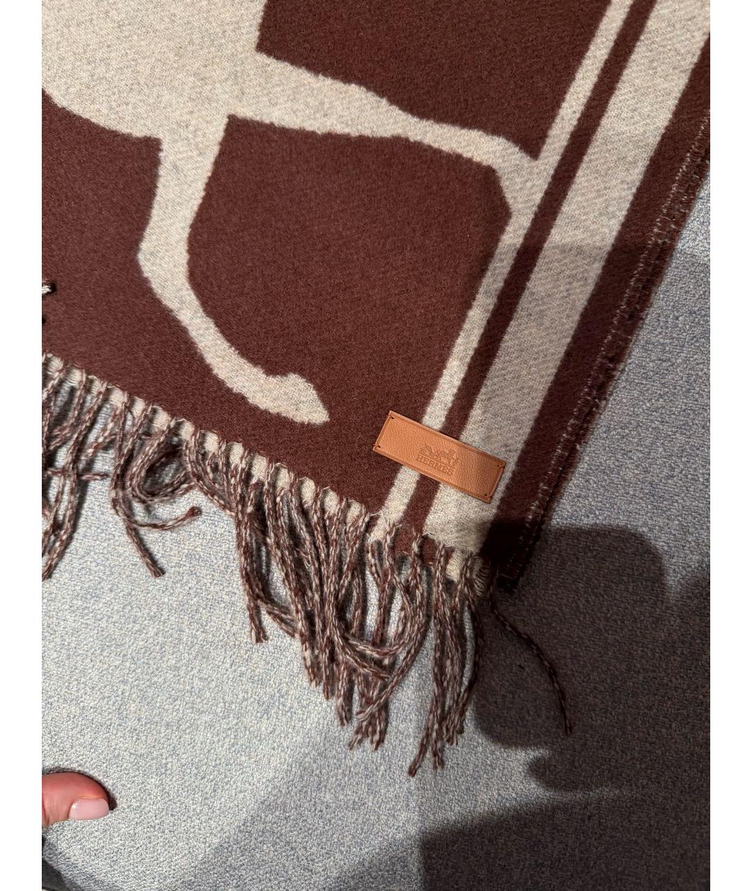 HERMES Коричневый кашемировый шарф, фото 6