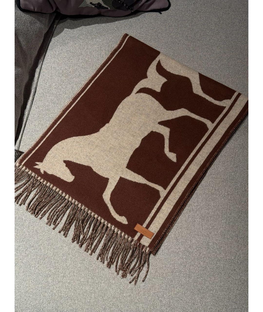 HERMES Коричневый кашемировый шарф, фото 5