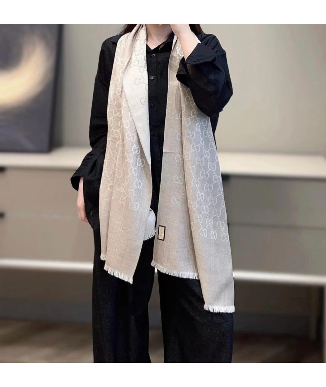 GUCCI Бежевый шерстяной шарф, фото 4