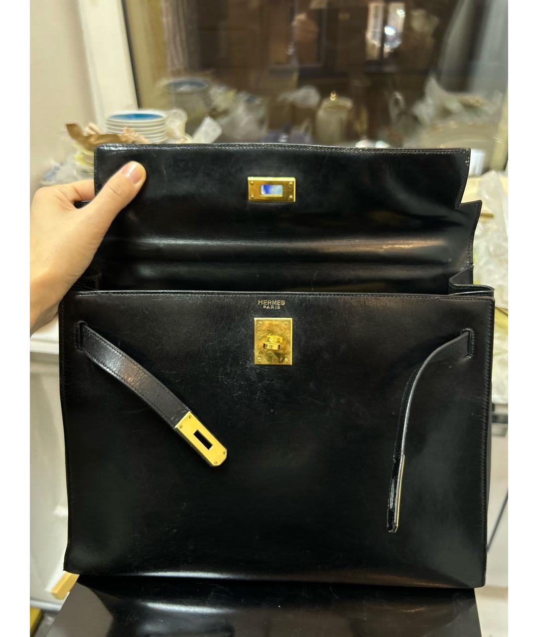 HERMES Черная кожаная сумка с короткими ручками, фото 5