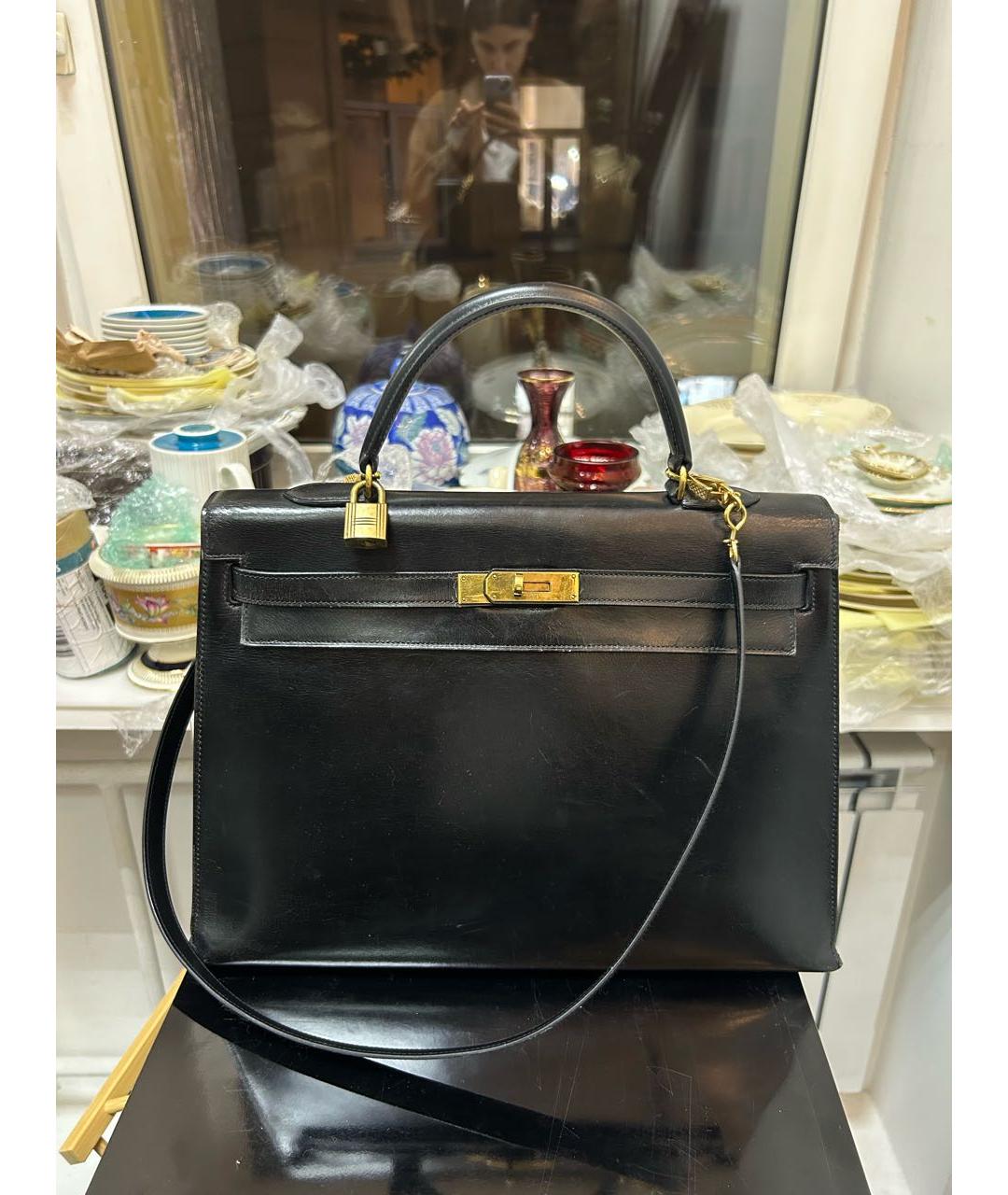 HERMES Черная кожаная сумка с короткими ручками, фото 5
