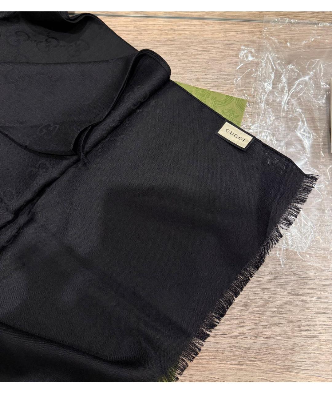 GUCCI Черный шерстяной шарф, фото 6