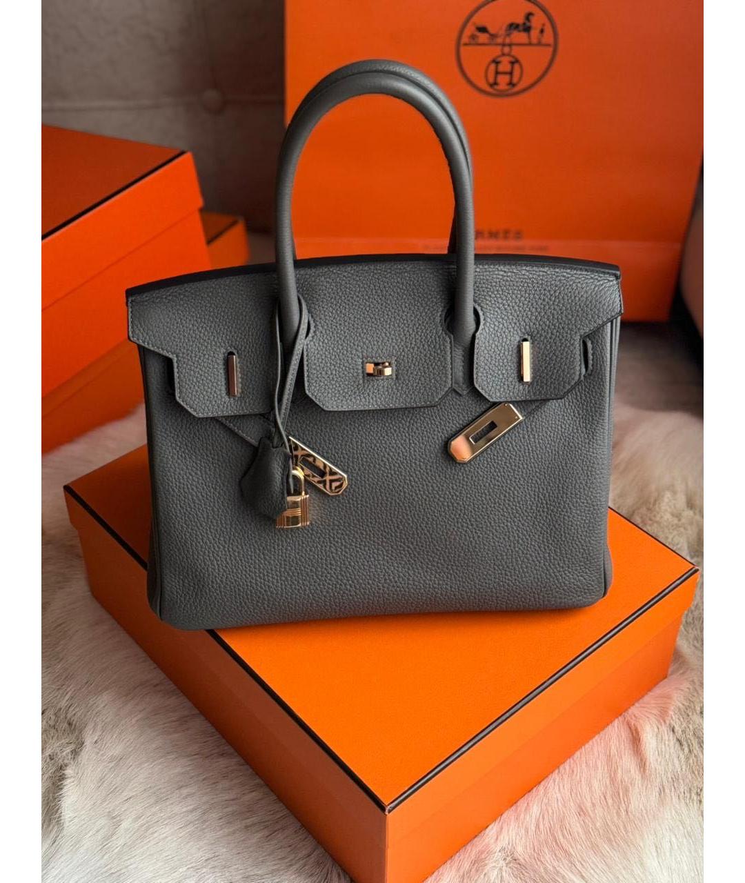 HERMES Серая кожаная сумка с короткими ручками, фото 9
