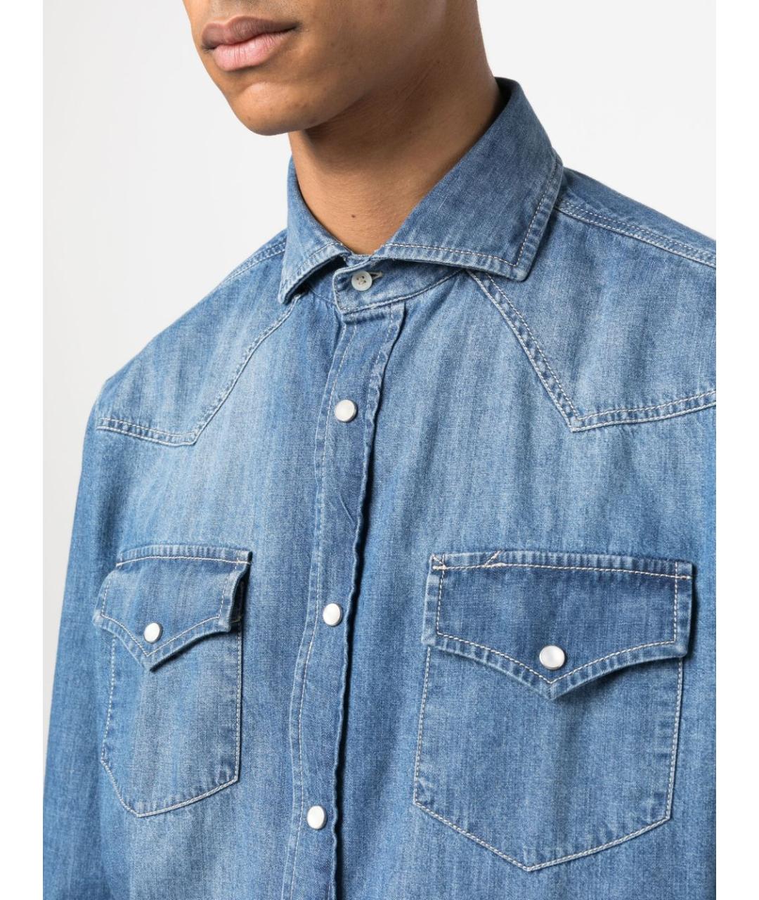 BRUNELLO CUCINELLI Синяя хлопковая кэжуал рубашка, фото 5