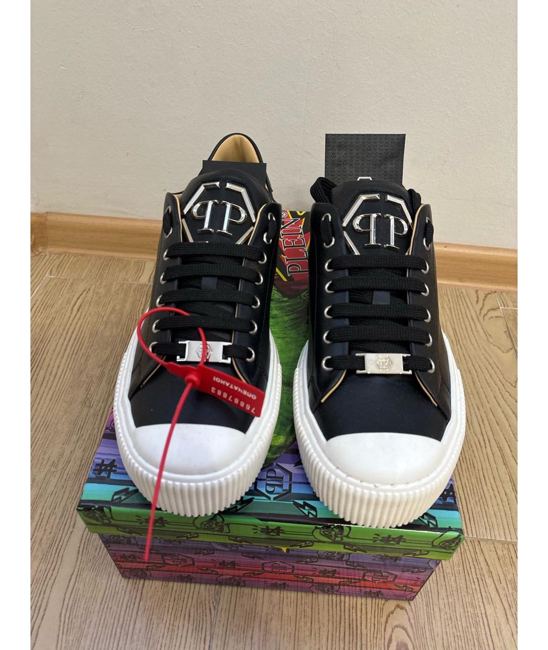 PHILIPP PLEIN Черные кожаные низкие кроссовки / кеды, фото 2