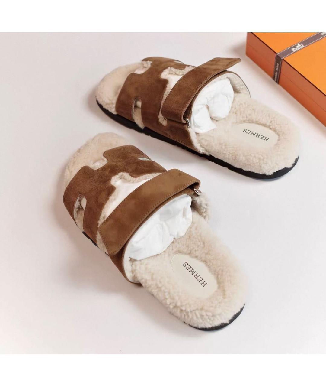 HERMES Коричневые замшевые шлепанцы, фото 4