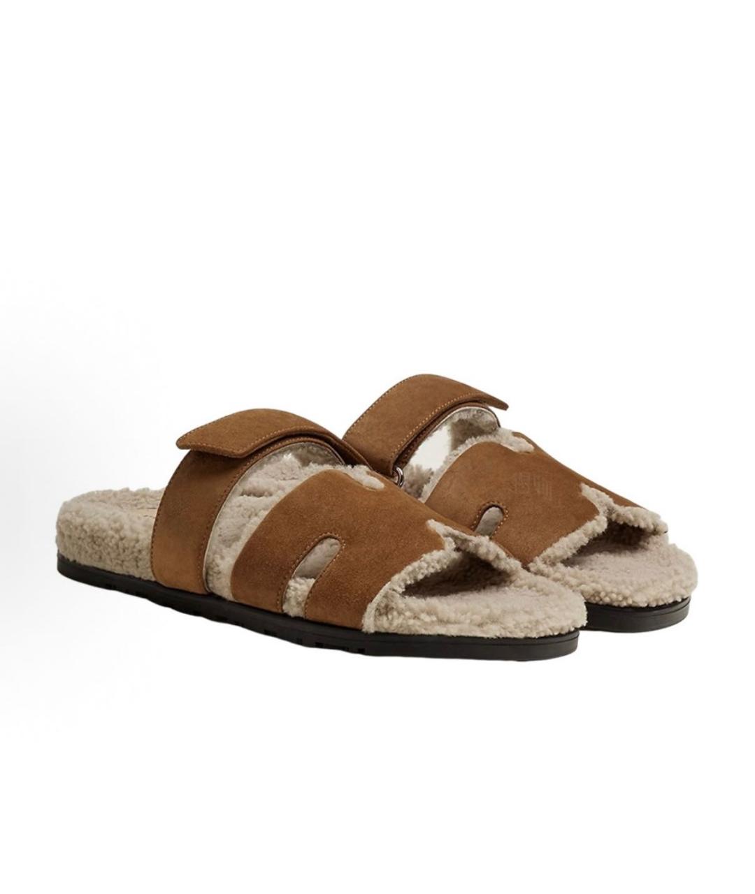 HERMES Коричневые замшевые шлепанцы, фото 6