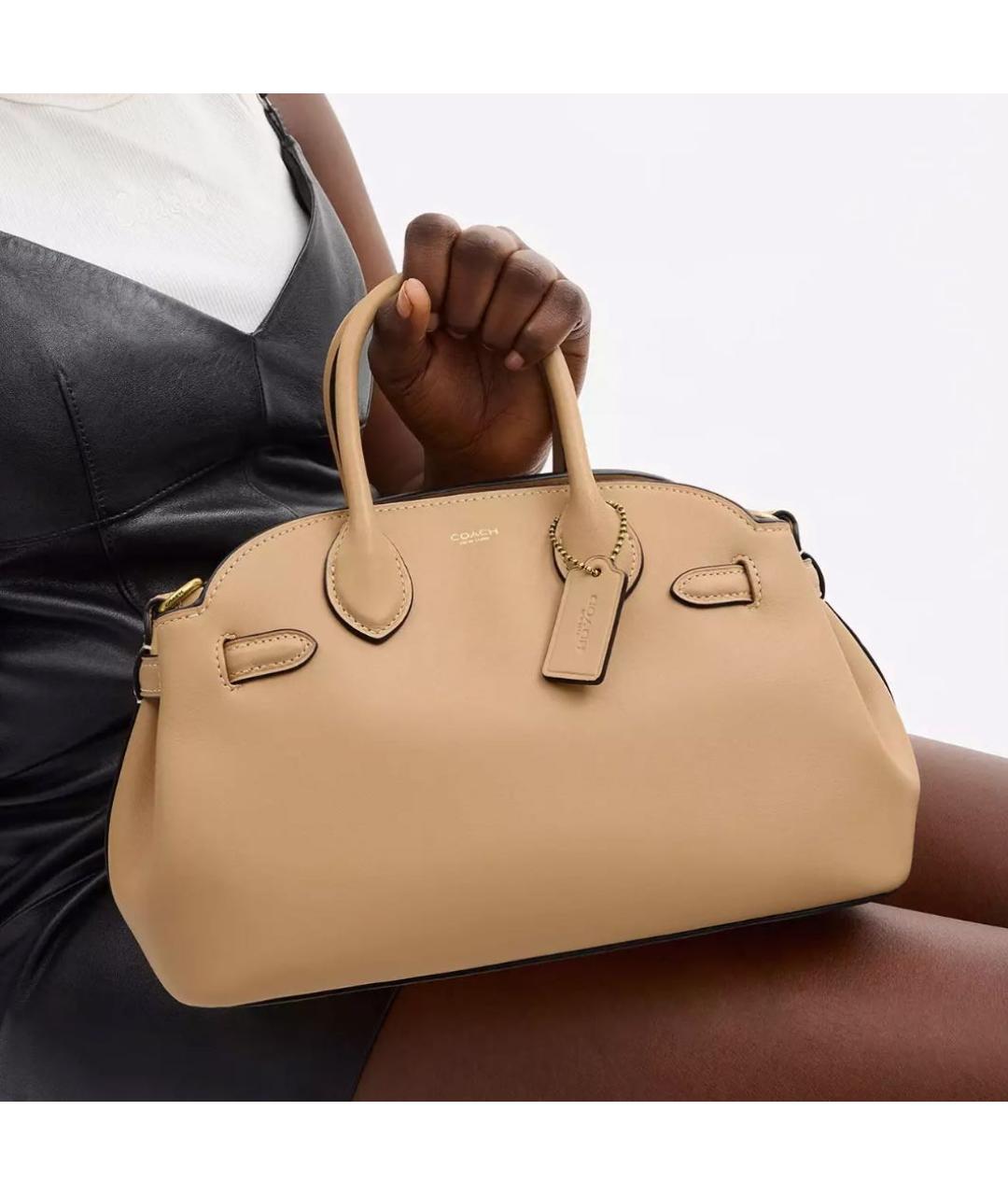 COACH Бежевая кожаная сумка с короткими ручками, фото 5