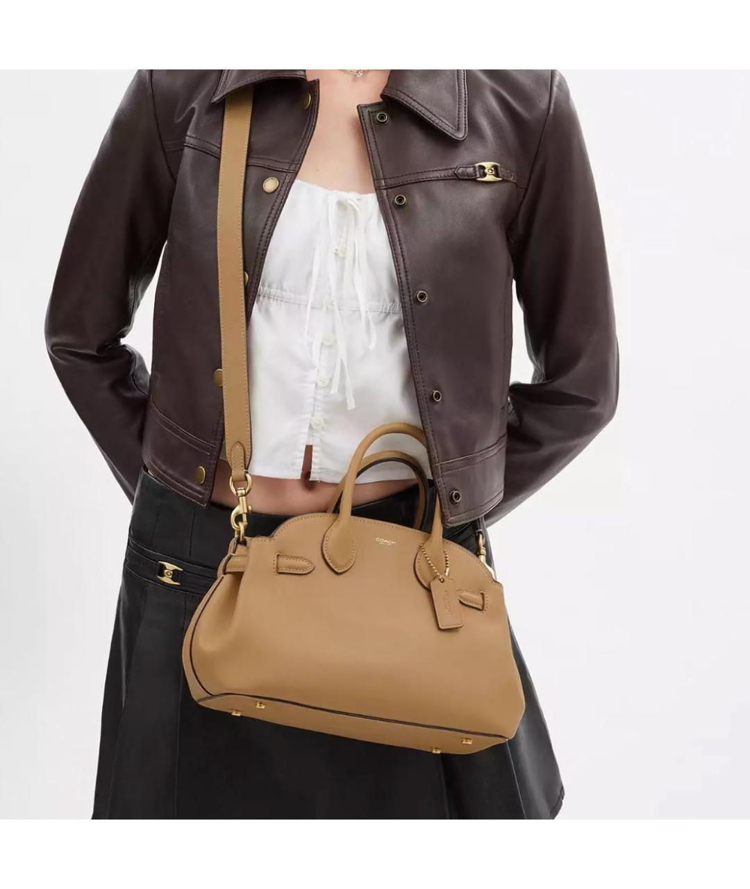 COACH Бежевая кожаная сумка с короткими ручками, фото 4