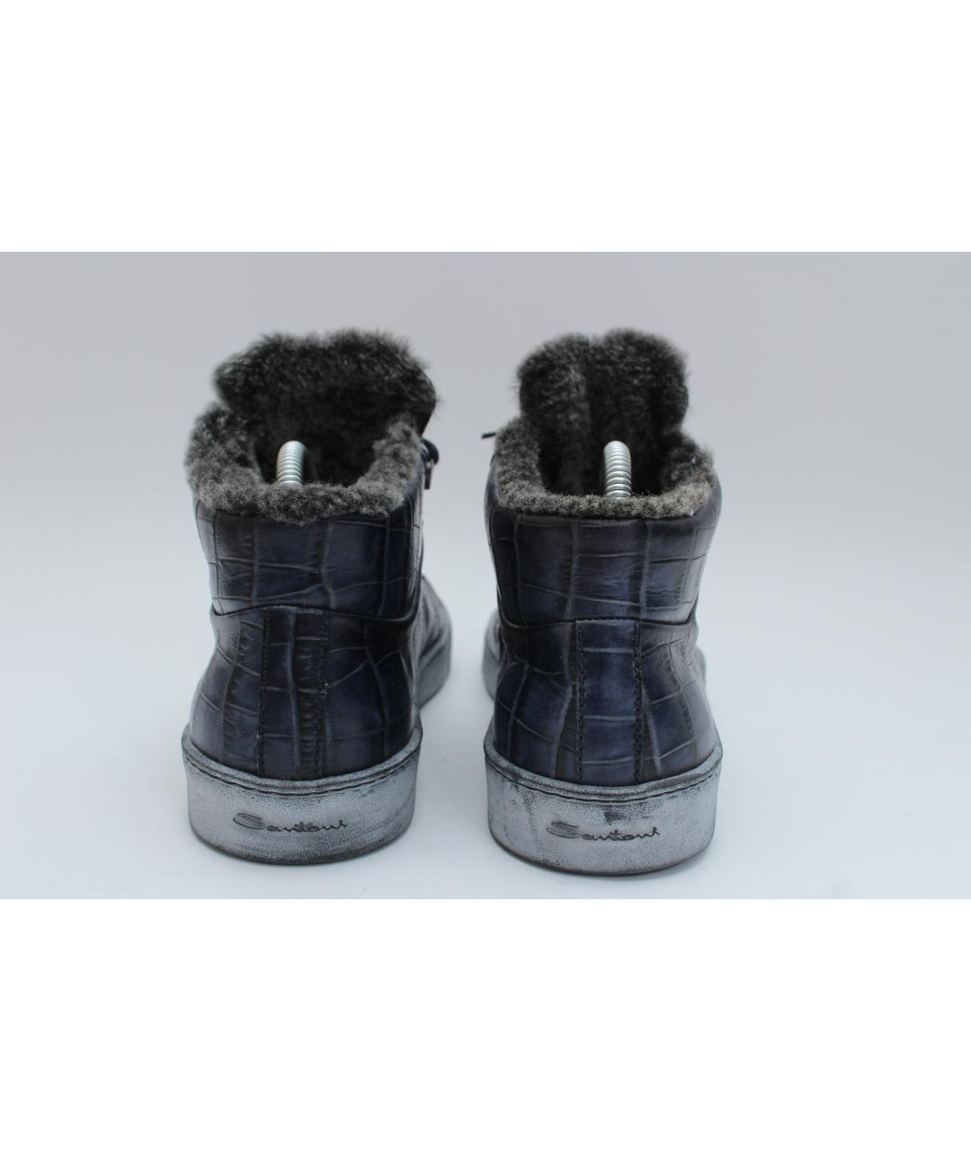 SANTONI Темно-синие кожаные высокие кроссовки / кеды, фото 6