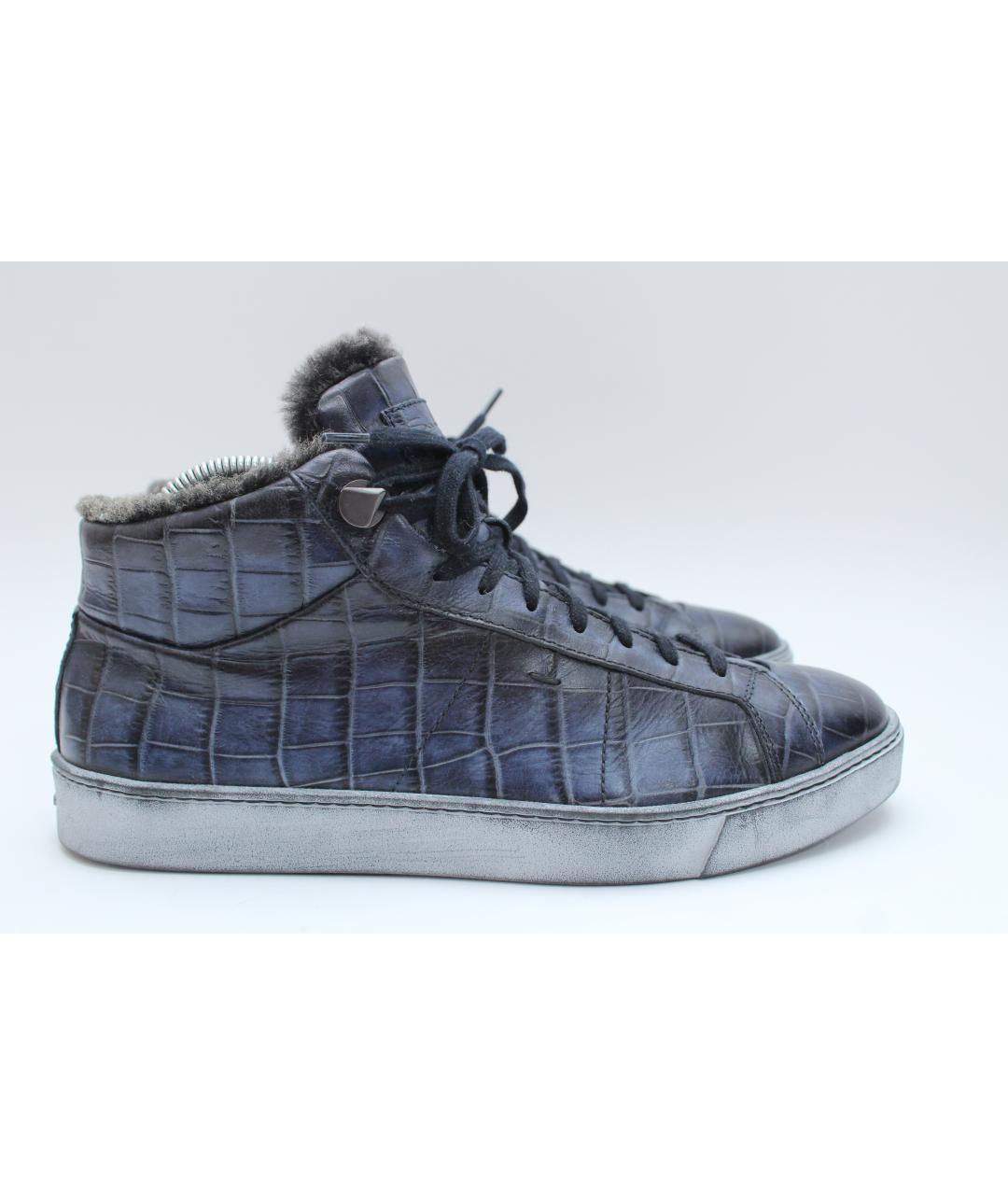 SANTONI Темно-синие кожаные высокие кроссовки / кеды, фото 10