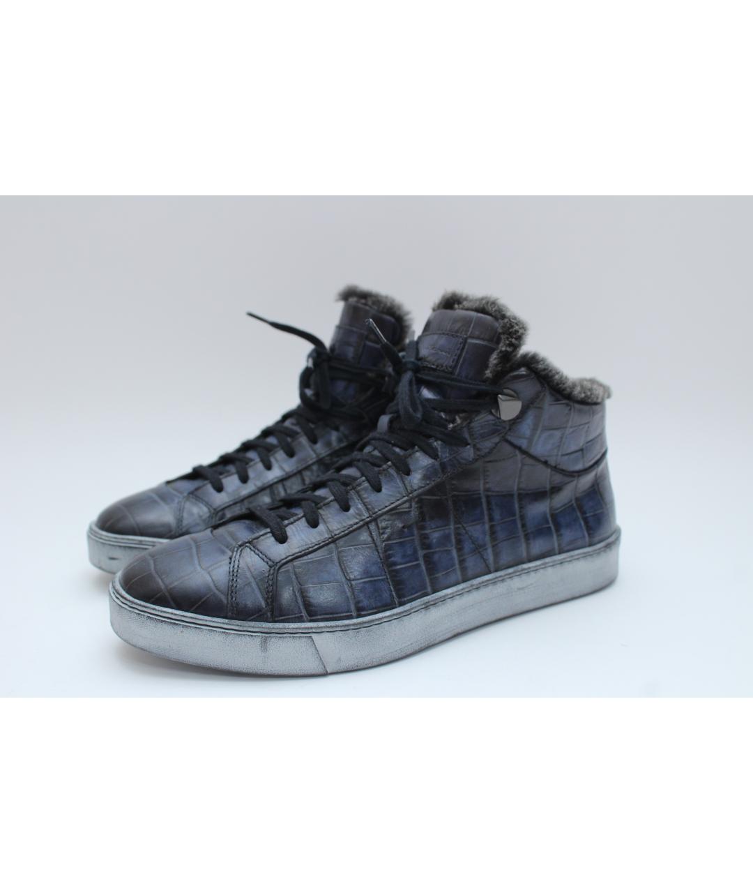 SANTONI Темно-синие кожаные высокие кроссовки / кеды, фото 4