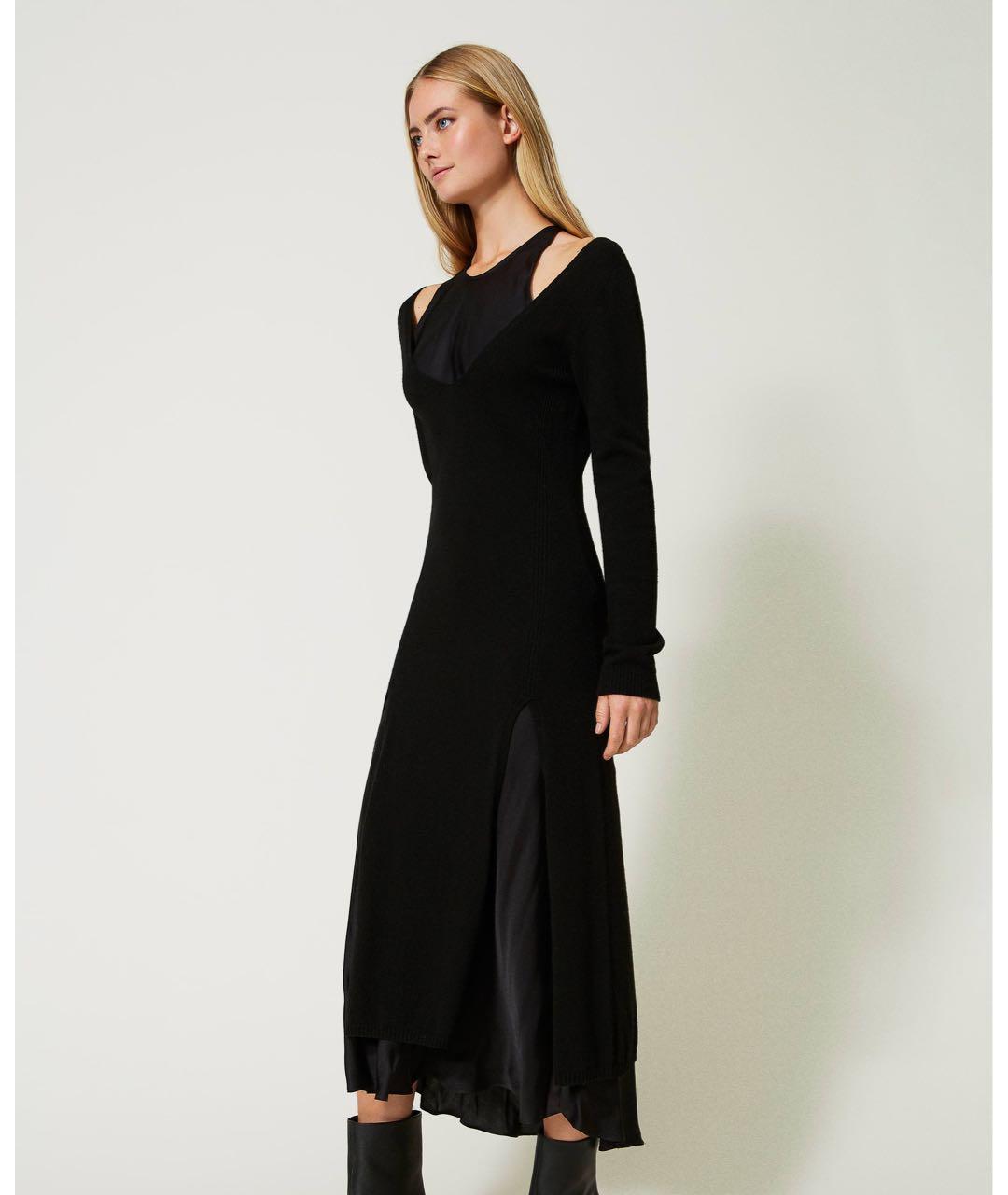 TWIN-SET Черное шерстяное повседневное платье, фото 4