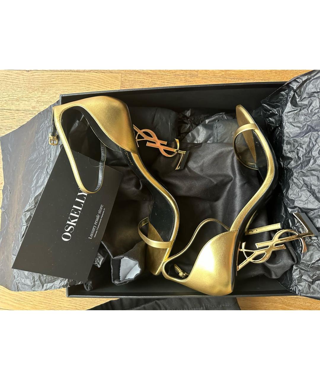 SAINT LAURENT Золотые кожаные босоножки, фото 4