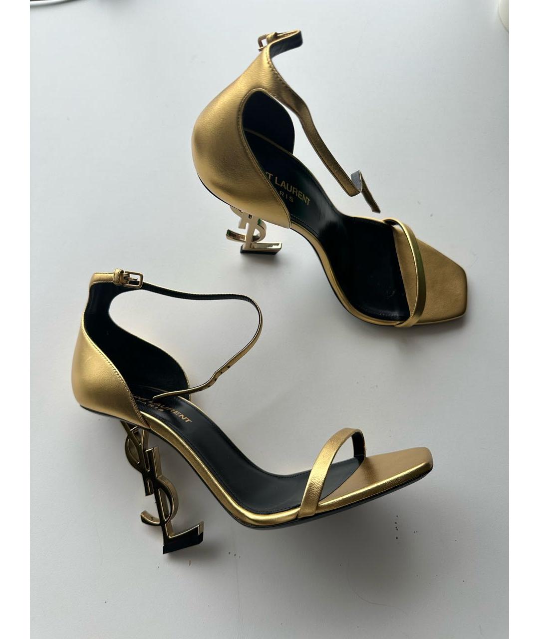 SAINT LAURENT Золотые кожаные босоножки, фото 2