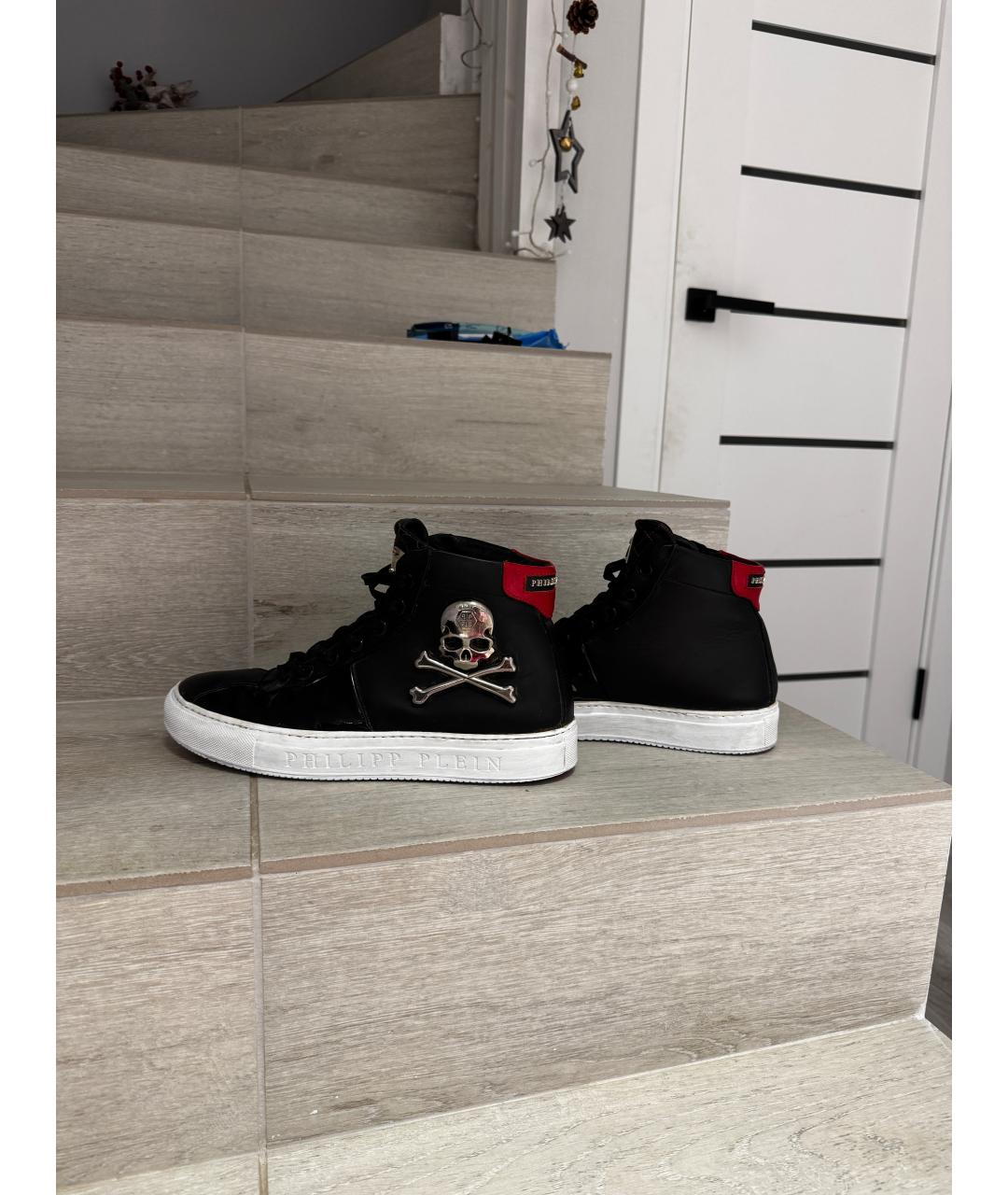 PHILIPP PLEIN Черные кожаные высокие кроссовки / кеды, фото 4