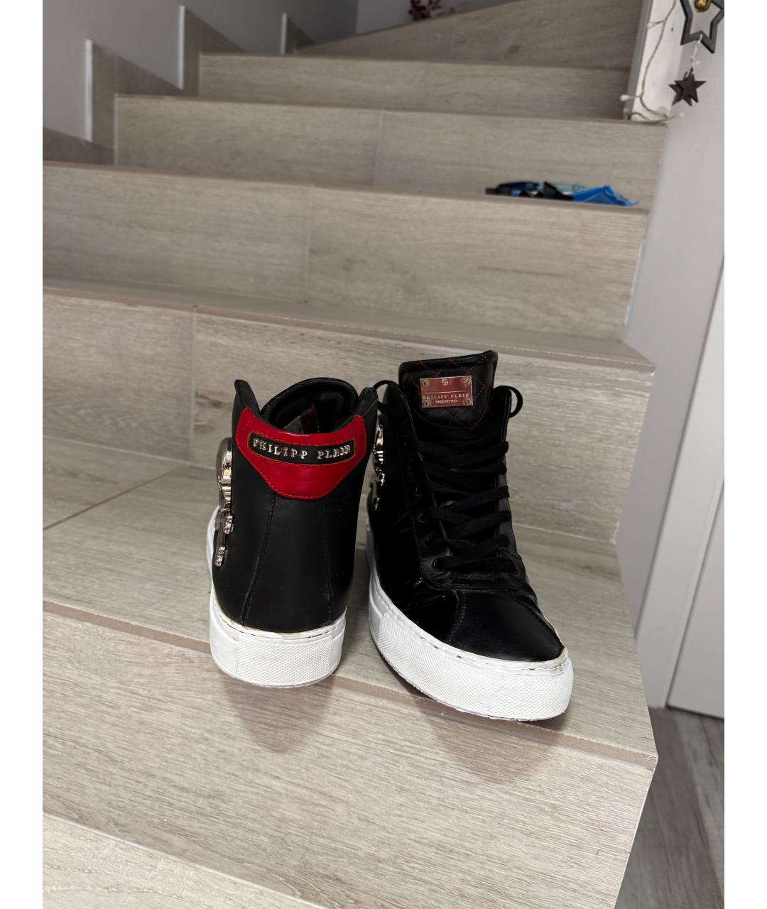 PHILIPP PLEIN Черные кожаные высокие кроссовки / кеды, фото 3