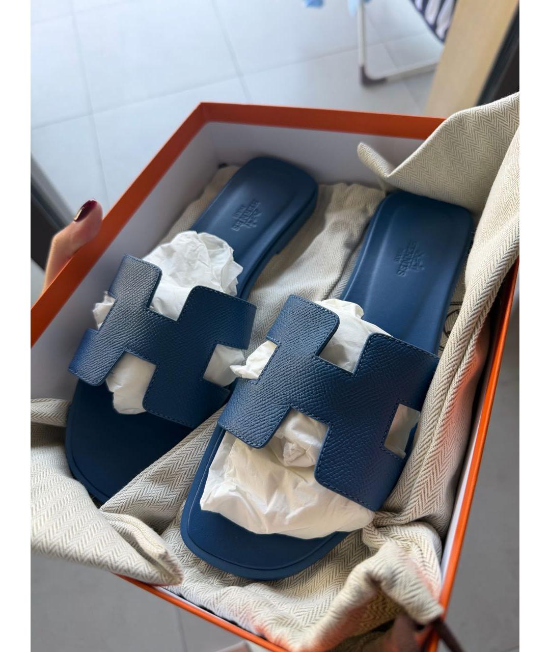 HERMES Синие кожаные шлепанцы, фото 5