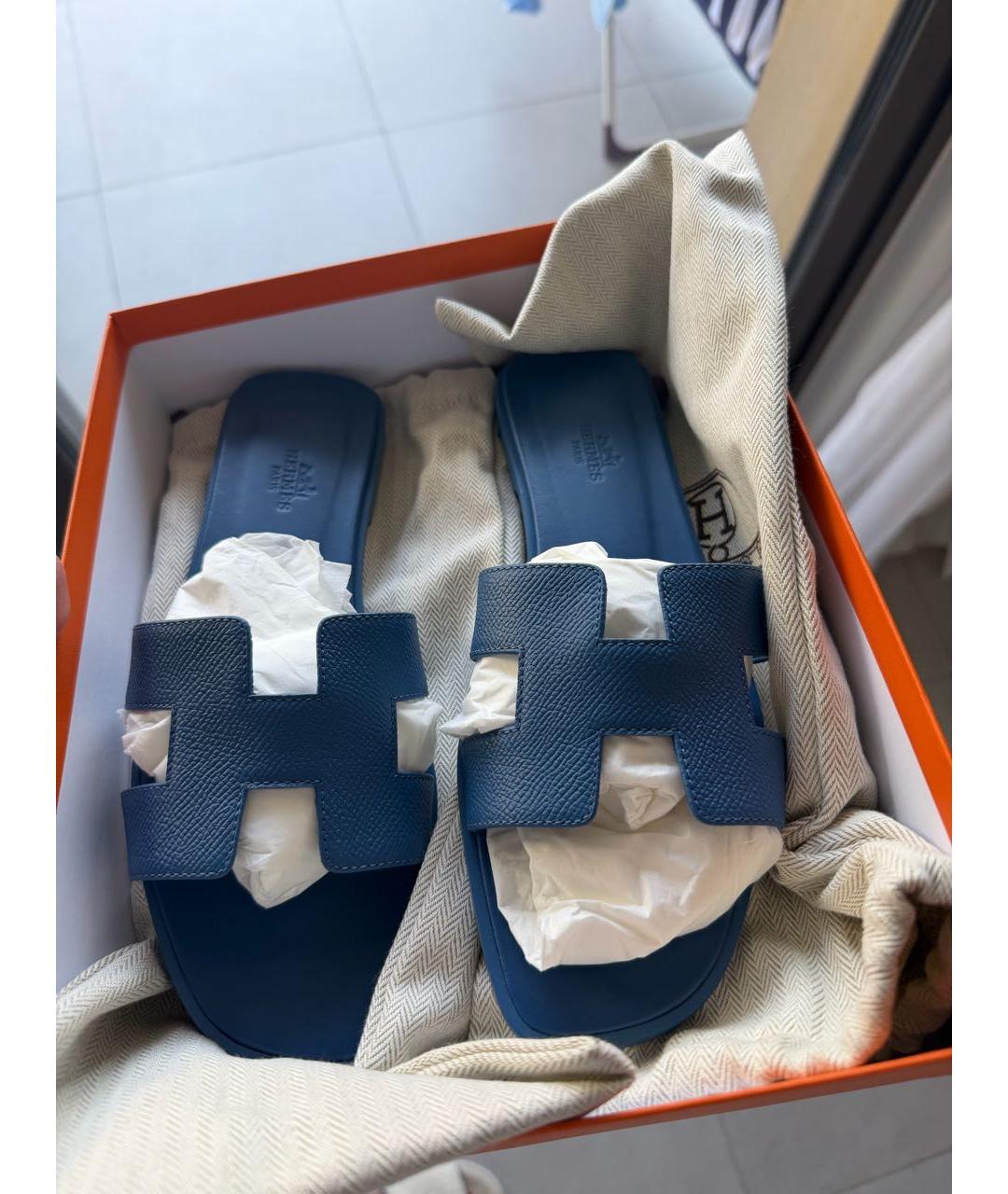 HERMES Синие кожаные шлепанцы, фото 4