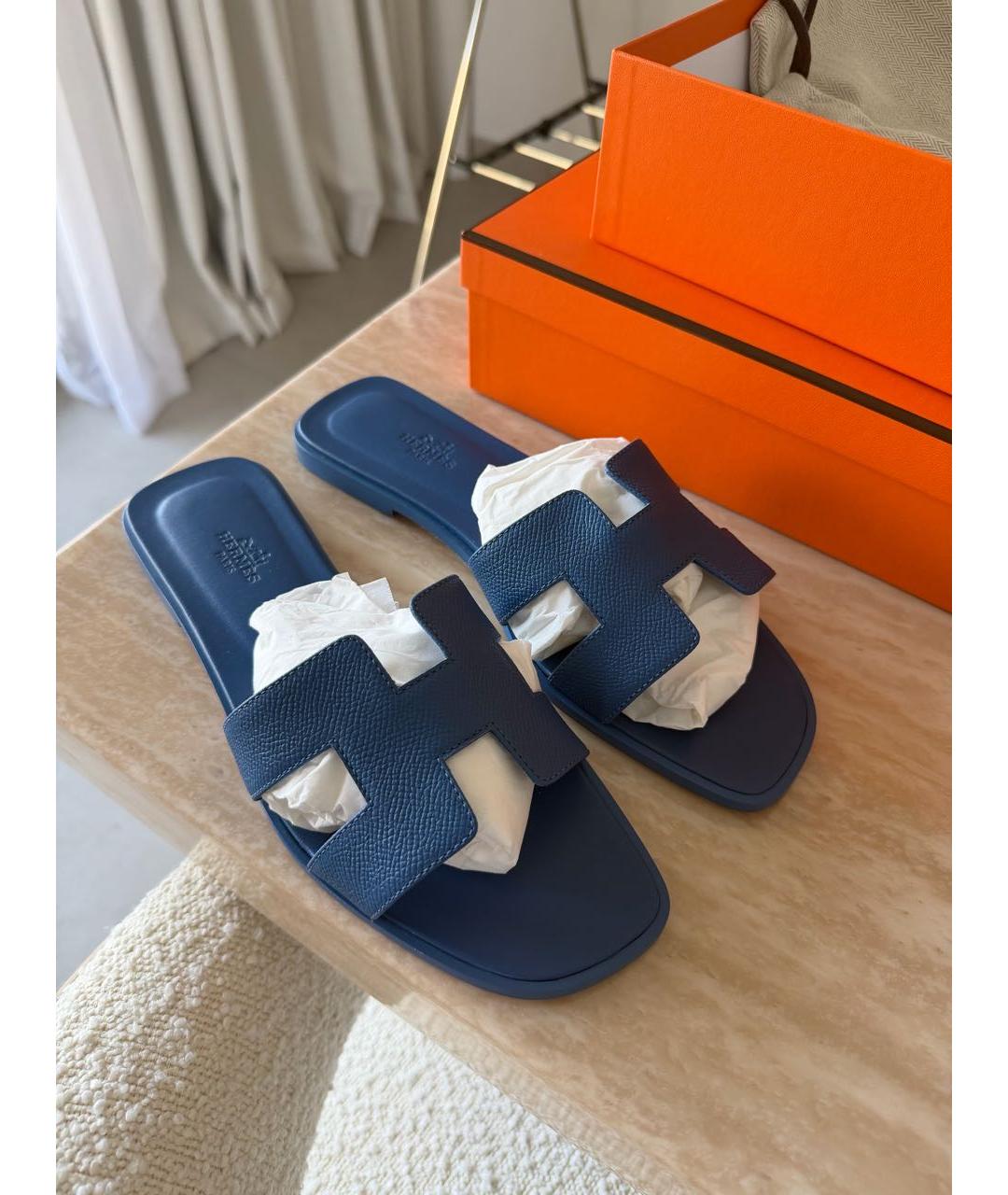 HERMES Синие кожаные шлепанцы, фото 3